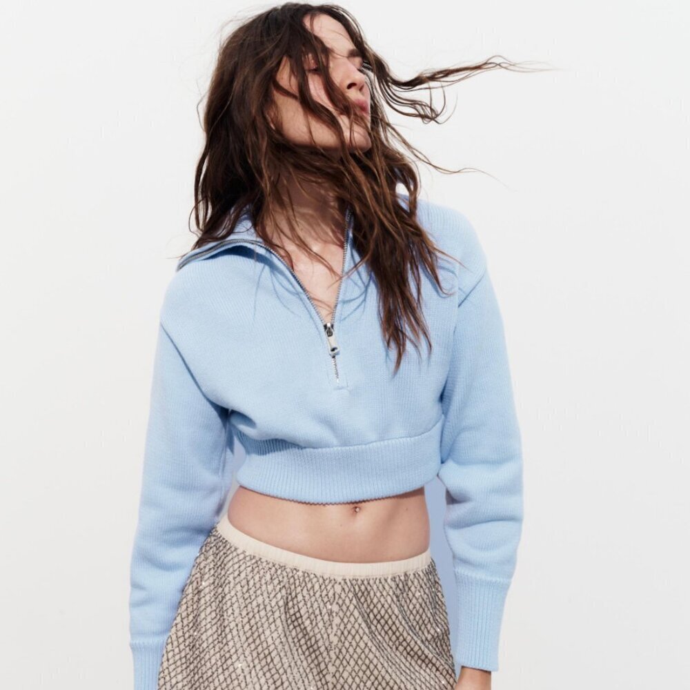 Zara Cropped Half Zip Sweater Light Blue Cotton Relaxed M NWT